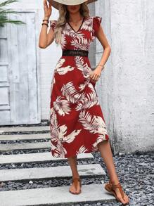 SHEIN VCAY Tropical Print Ruffle Trim Dress