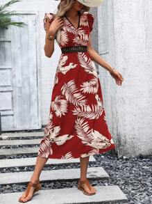 SHEIN VCAY Tropical Print Ruffle Trim Dress