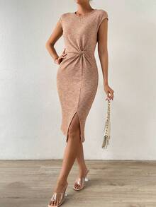 SHEIN Essnce Space Dye Twist Front Split Thigh Dress - Multicolor - View 3