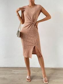 SHEIN Essnce Space Dye Twist Front Split Thigh Dress - Multicolor - View 5