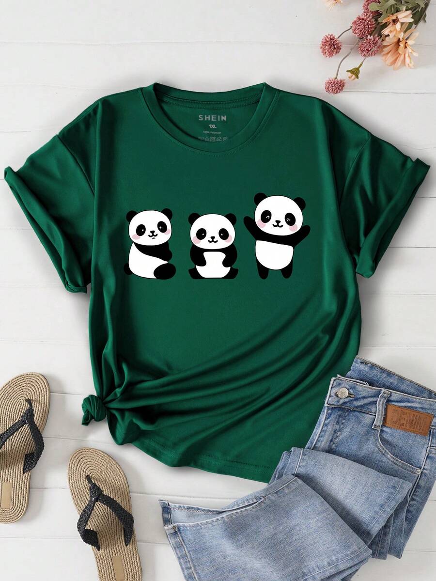 SHEIN EZwear 休閒卡通大碼T恤 - 墨綠色 - 查看 1