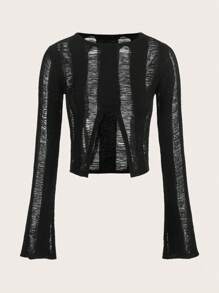 SHEIN ICON Chất rắn Rách Viền chia cắt Áo len Crop - màu đen - Xem 1
