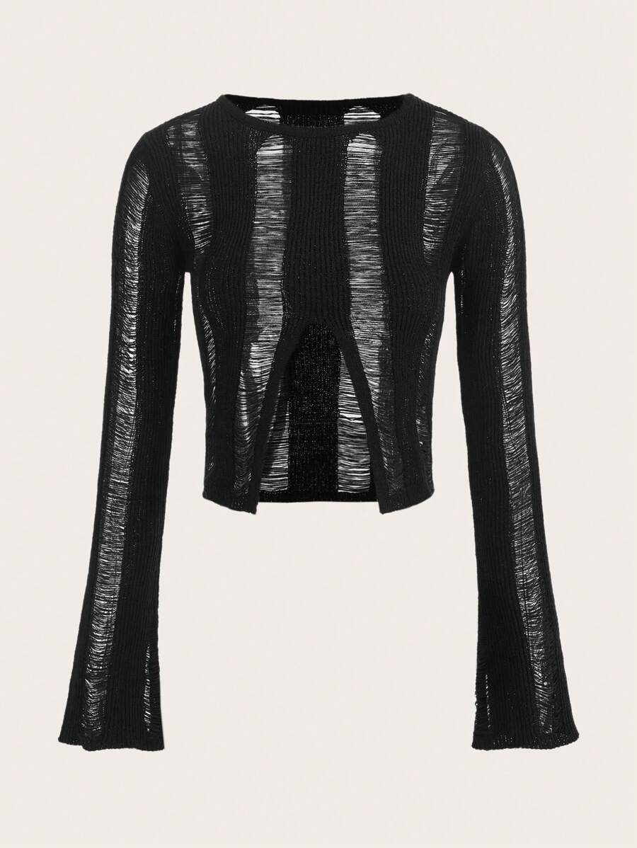 SHEIN ICON Chất rắn Rách Viền chia cắt Áo len Crop - màu đen - Xem 1