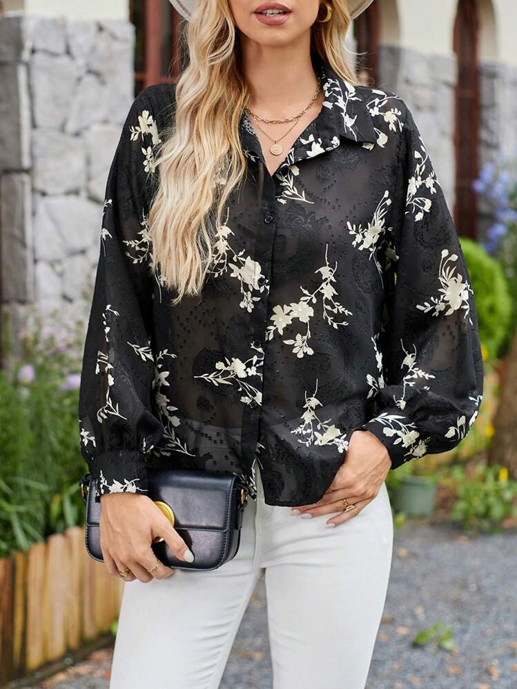 SHEIN Frenchy הדפס פרחוני כפתור קדמי חולצה - שחור - ראה 1