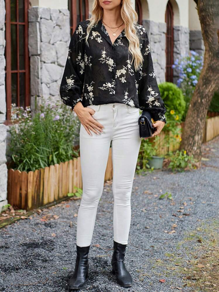 SHEIN Frenchy הדפס פרחוני כפתור קדמי חולצה - שחור - ראה 6