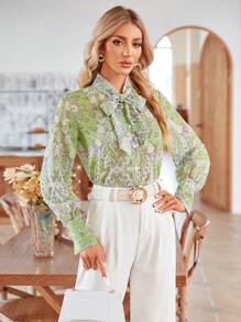 SHEIN Privé 佩斯利印花繫帶領襯衫 - 彩色 - 查看 3