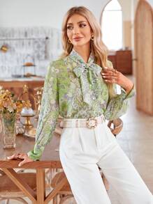 SHEIN Privé 佩斯利印花繫帶領襯衫 - 彩色 - 查看 5