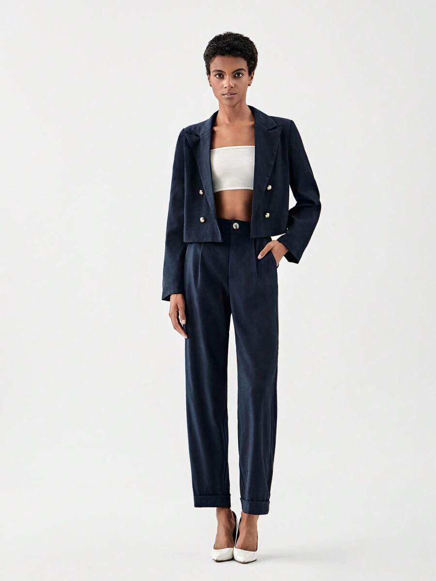 SHEIN BIZwear 雙排釦西裝外套和褲子 - 藏蓝色 - 查看 1