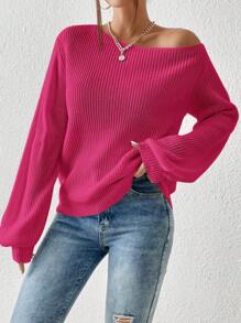 SHEIN Essnce Áo len cổ bẻ không đối xứng, áo dài tay - Màu Hồng Tươi - Xem 4