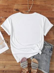 SHEIN EZwear 大碼愛心和字母圖案T恤 - 白色 - 查看 2