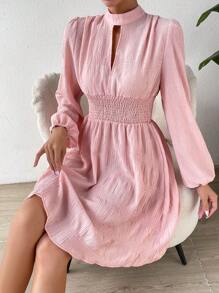 SHEIN LUNE Keyhole Neckline Lantern Sleeve Dress - Baby Pink - View 2
