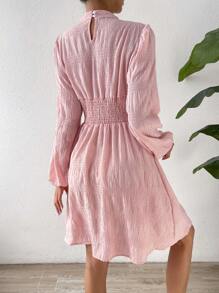 SHEIN LUNE Keyhole Neckline Lantern Sleeve Dress - Baby Pink - View 3