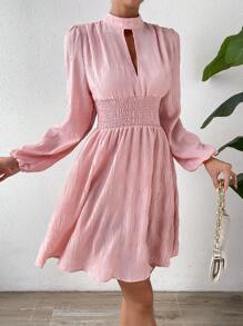 SHEIN LUNE Keyhole Neckline Lantern Sleeve Dress - Baby Pink - View 5