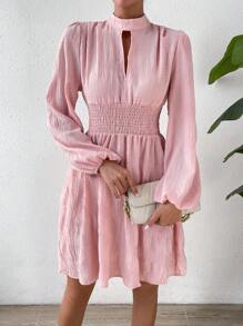 SHEIN LUNE Keyhole Neckline Lantern Sleeve Dress - Baby Pink - View 6