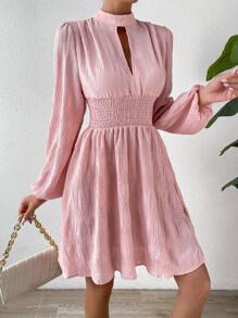 SHEIN LUNE Keyhole Neckline Lantern Sleeve Dress - Baby Pink - View 7