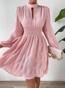 SHEIN LUNE Keyhole Neckline Lantern Sleeve Dress - Baby Pink - View 1