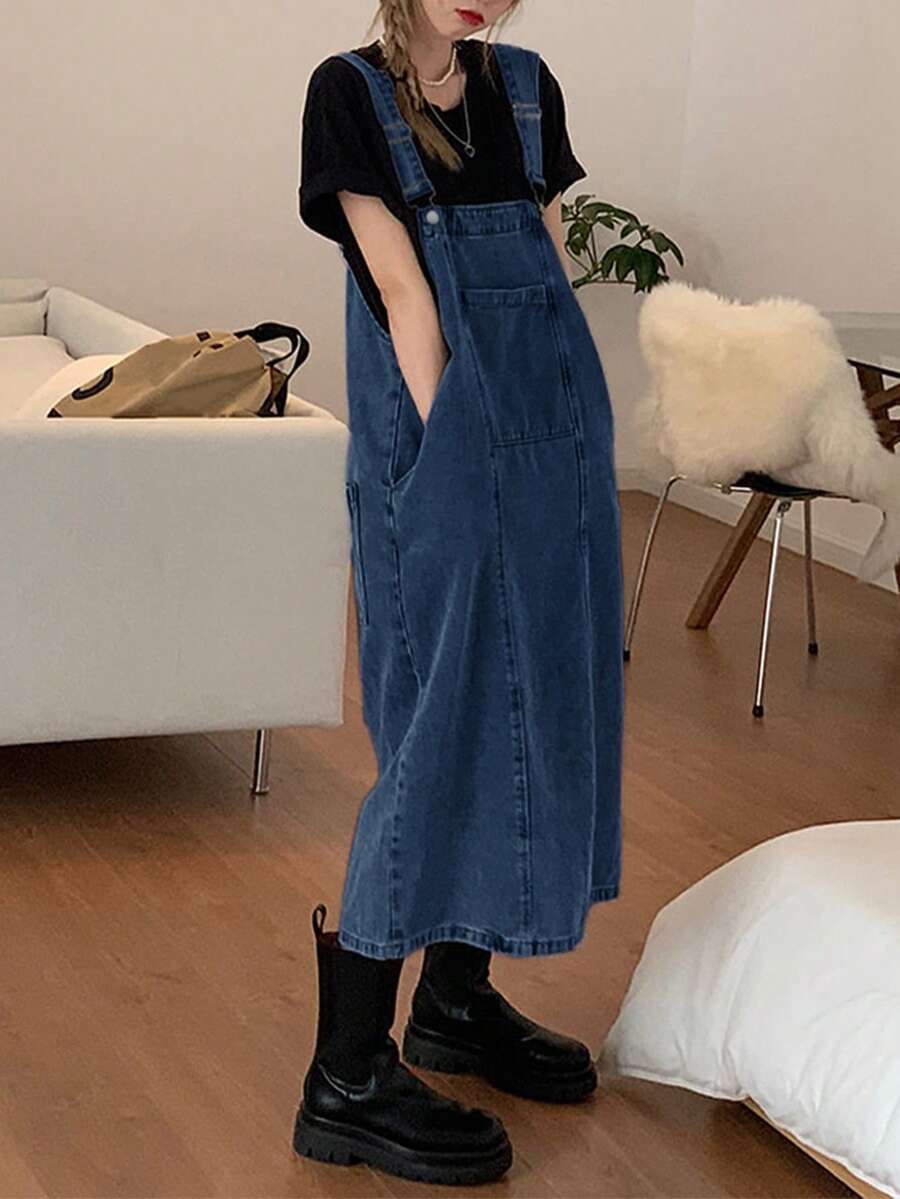 Nuevo vestido peto de mezclilla de ajuste holgado de color liso con estilo retro para mujeres - Azul lavado oscuro - Ver 1