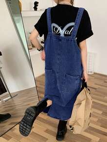 Nuevo vestido peto de mezclilla de ajuste holgado de color liso con estilo retro para mujeres - Azul lavado oscuro - Ver 2