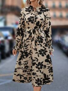 SHEIN LUNE Floral Print Tie Neck Flounce Sleeve Belted Dress