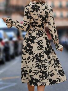SHEIN LUNE Floral Print Tie Neck Flounce Sleeve Belted Dress
