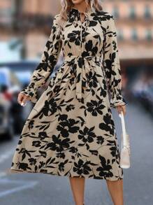 SHEIN LUNE Floral Print Tie Neck Flounce Sleeve Belted Dress