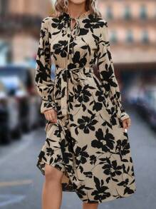 SHEIN LUNE Floral Print Tie Neck Flounce Sleeve Belted Dress