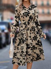 SHEIN LUNE Floral Print Tie Neck Flounce Sleeve Belted Dress