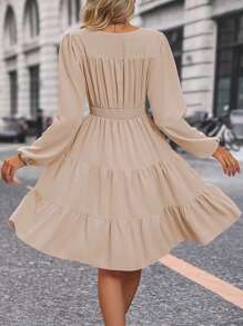 SHEIN Clasi Vestido de manga farol bajo con fruncido - Albaricoque - Ver 2