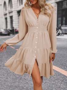 SHEIN Clasi Vestido de manga farol bajo con fruncido - Albaricoque - Ver 3