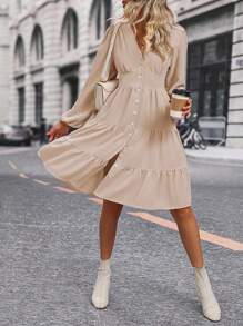 SHEIN Clasi Vestido de manga farol bajo con fruncido - Albaricoque - Ver 4