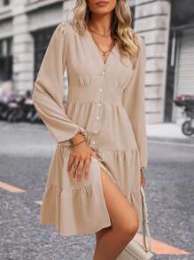 SHEIN Clasi Vestido de manga farol bajo con fruncido - Albaricoque - Ver 5