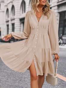 SHEIN Clasi Vestido de manga farol bajo con fruncido - Albaricoque - Ver 6