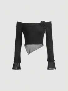 SHEIN MOD 3D一字肩木耳邊不對稱下擺短款T恤 - 黑色 - 查看 1