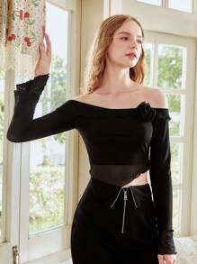 SHEIN MOD 3D一字肩木耳邊不對稱下擺短款T恤 - 黑色 - 查看 2