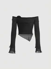 SHEIN MOD 3D一字肩木耳邊不對稱下擺短款T恤 - 黑色 - 查看 5