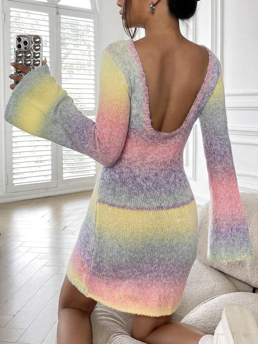 SHEIN EZwear Ombre Backless Flounce Sleeve Jumper Dress - Multicolor - View 1