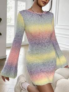 SHEIN EZwear Ombre Backless Flounce Sleeve Jumper Dress - Multicolor - View 3