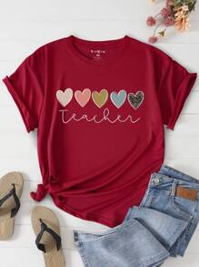 INAWLY Plus Heart And Letter Graphic Tee - Burgundy - View 1