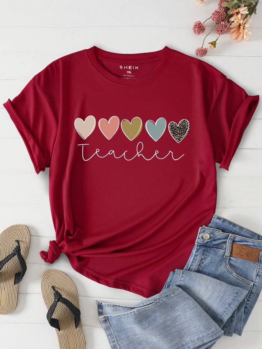 INAWLY Plus Heart And Letter Graphic Tee - Burgundy - View 1