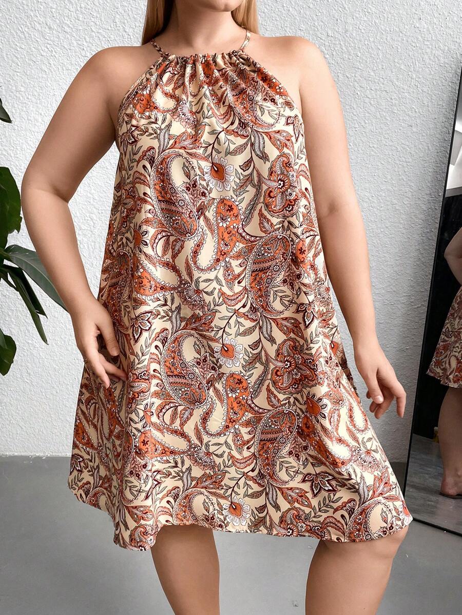 SHEIN Holidaya Talla grande Vestido con estampado de paisley de cuello halter - Multicolor - Ver 1