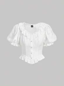 SHEIN MOD Viền Ruffle Ống tay áo Xù Hoa Sen Áo sơ mi - trắng - Xem 1