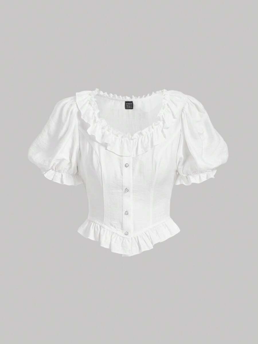 SHEIN MOD Viền Ruffle Ống tay áo Xù Hoa Sen Áo sơ mi - trắng - Xem 1