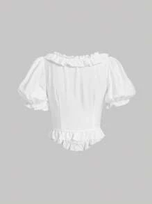 SHEIN MOD Viền Ruffle Ống tay áo Xù Hoa Sen Áo sơ mi - trắng - Xem 2