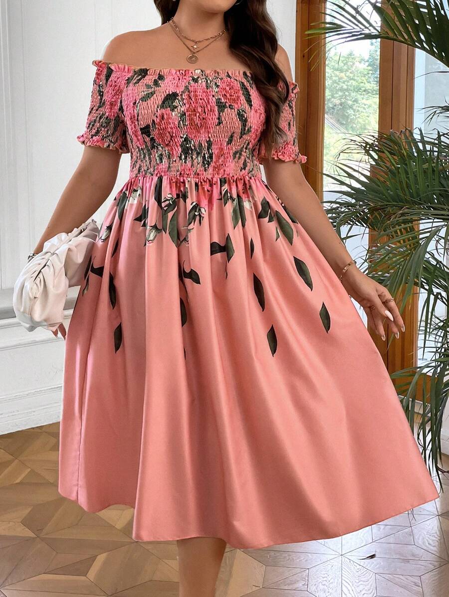 Celure 大碼印花一字肩褶邊連衣裙 - 藕粉色 - 查看 1