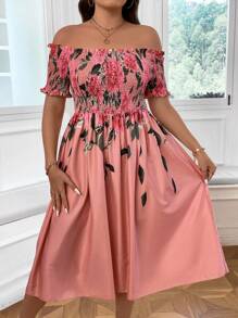 Celure 大碼印花一字肩褶邊連衣裙 - 藕粉色 - 查看 3