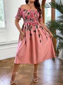 Celure 大碼印花一字肩褶邊連衣裙 - 藕粉色 - 查看 6