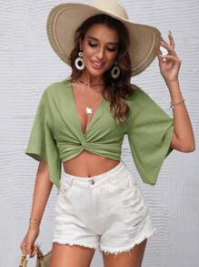 SHEIN VCAY Solid Twist Front Beach Blouse - Mint Green - View 3