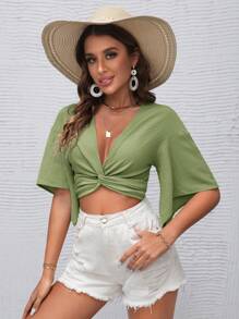 SHEIN VCAY Solid Twist Front Beach Blouse - Mint Green - View 4