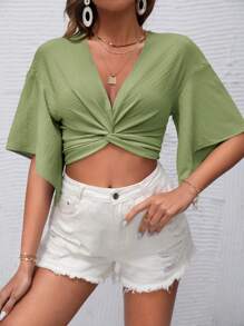SHEIN VCAY Solid Twist Front Beach Blouse - Mint Green - View 5
