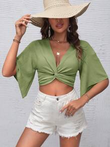 SHEIN VCAY Solid Twist Front Beach Blouse - Mint Green - View 6